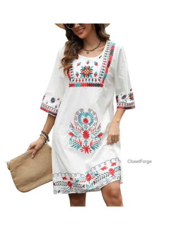 Dresses & Skirts - Mexican Embroidered Cotton Bohemian Dress Floral Peasant Fiesta Boho